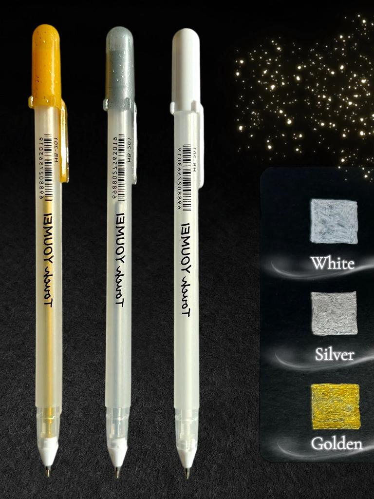 Highlighter Pens for Black Paper, Gel Ink Pens (White, Silver, Golden) with 0.9mm Nib, Ideal for Artists, Students & Journalers