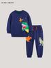 Autumn Kids' Dinosaur Embroidered Hoodie & Pants Set - Knitted Cotton, Round Neck