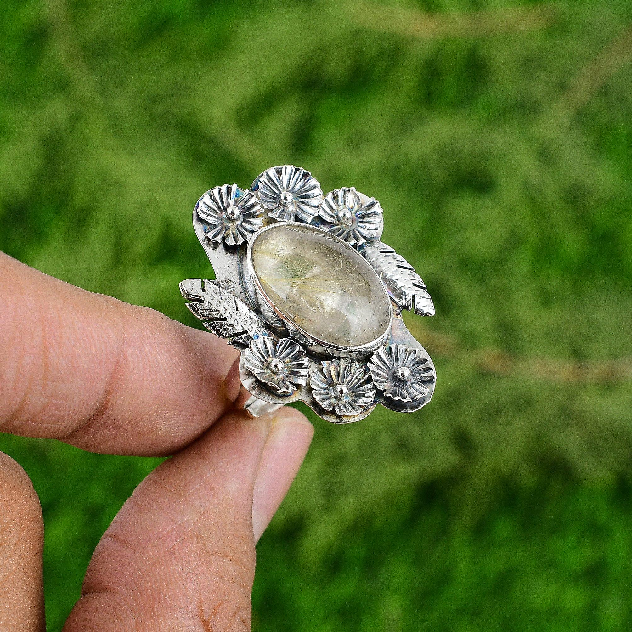 

Gift For Her 925 Silver Natural Golden Rutile Promise Flower Adjustable Ring Adjustable