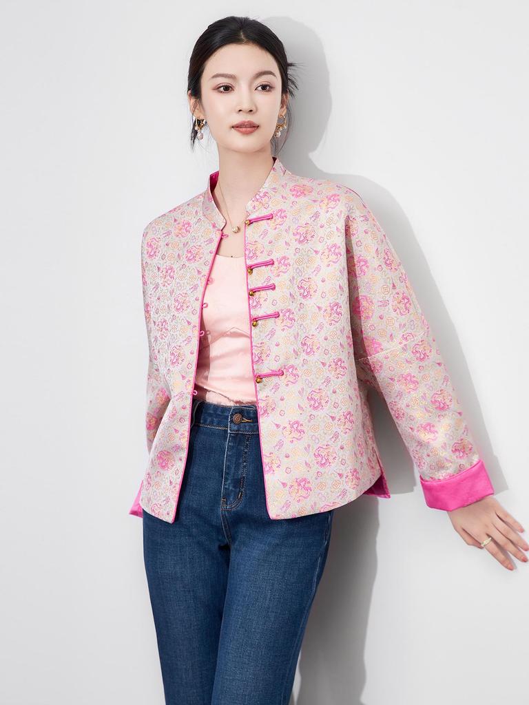 Women's Autumn Reversible Jacquard Jacket - New Chinese Style with Auspicious Dragon & Fortune Fish Design