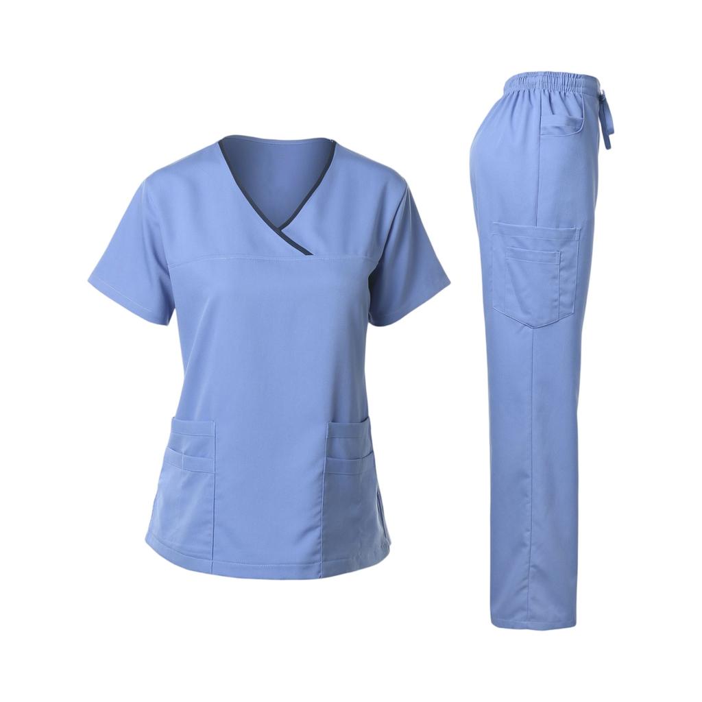 Ladies' Loose And Comfortable V-neck Short Sleeved Workwear With Multiple Pockets Suit Set