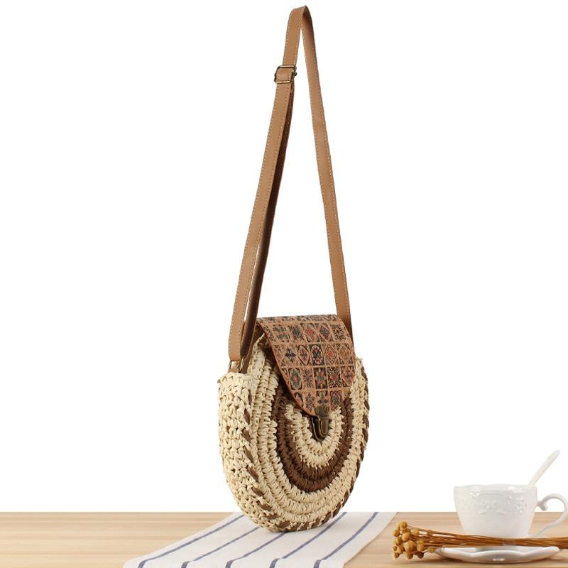 Bolsa feminina boho tecido verão praia sacola de palha redonda bolsa de ombro de vime
