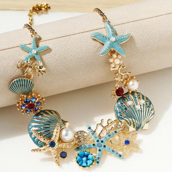 Exaggerated Women Necklace Ocean Theme Starfish Coral Shell Faux Pearl Rhinestone Decor Adjustable Length Lady Vacation Beach Neck Jewelry
