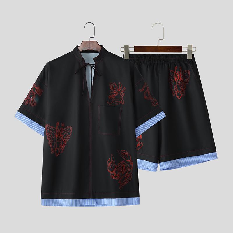 

INCERUN Two Piece Suit Men Collarless Patchwork Print Short Sleeve Shirts Shorts Sets 5XL чёрный