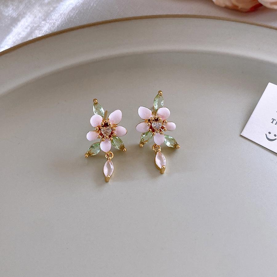 K real gold electroplated silver needle zircon dripping oil flower earrings holiday style fresh stud earrings temperament earrings design sense