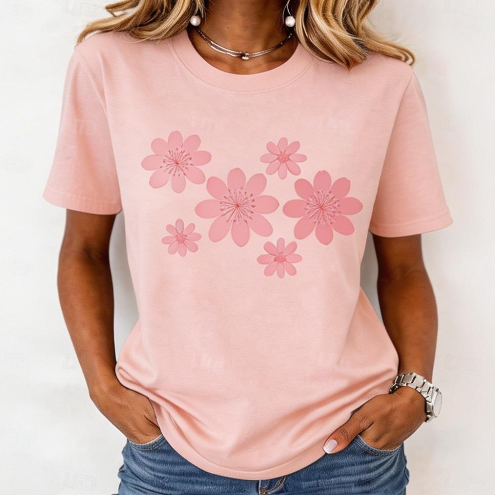 

Women s Cute Pink Daisy Print Crew Neck T-Shirt, Casual Short Sleeve Tops, Fresh Daily Wear for Spring & Summer XL