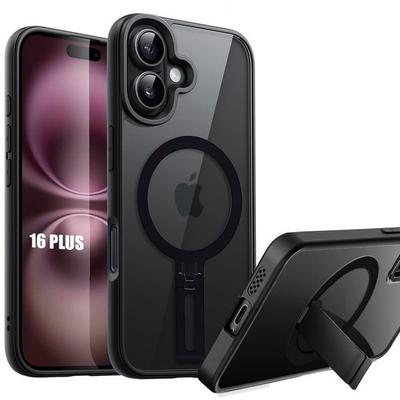 Protective Case - BOOLING - for iPhone 16 Plus - Black Silicone - Magnetic Stand - Shockproof