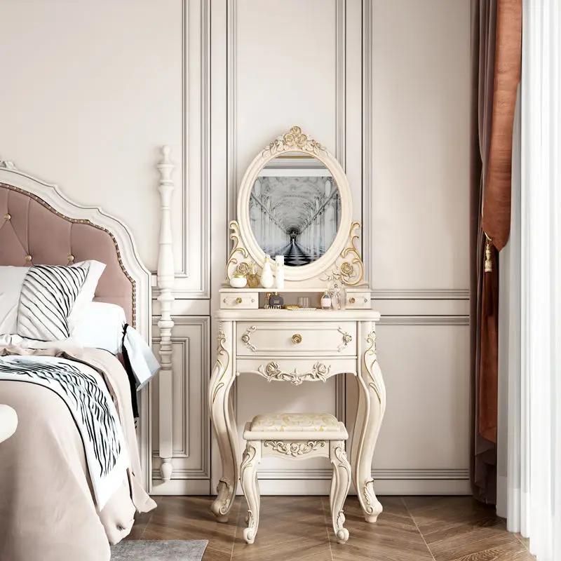 European Dressers Vanity Table Set with Mirror White Makeup Desk with Drawers & Stool - Small Wood Dressing Table for Bedroom