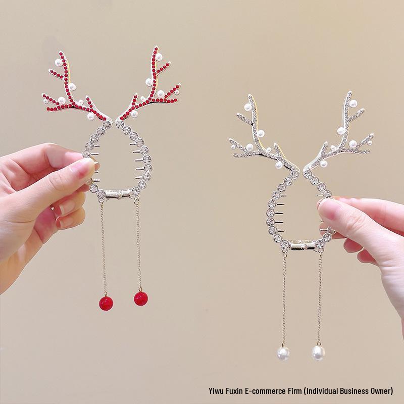 Elegant Christmas Reindeer Antler Hair Clip with Tassels - High Ponytail Styling Claw Clip
