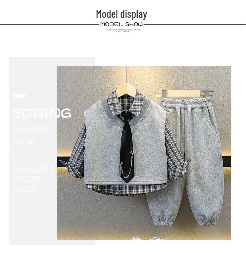 Jungen 2025 Herbst Preppy 3-teiliges Set: Stilvolles Hemd, Weste und Sportbekleidung