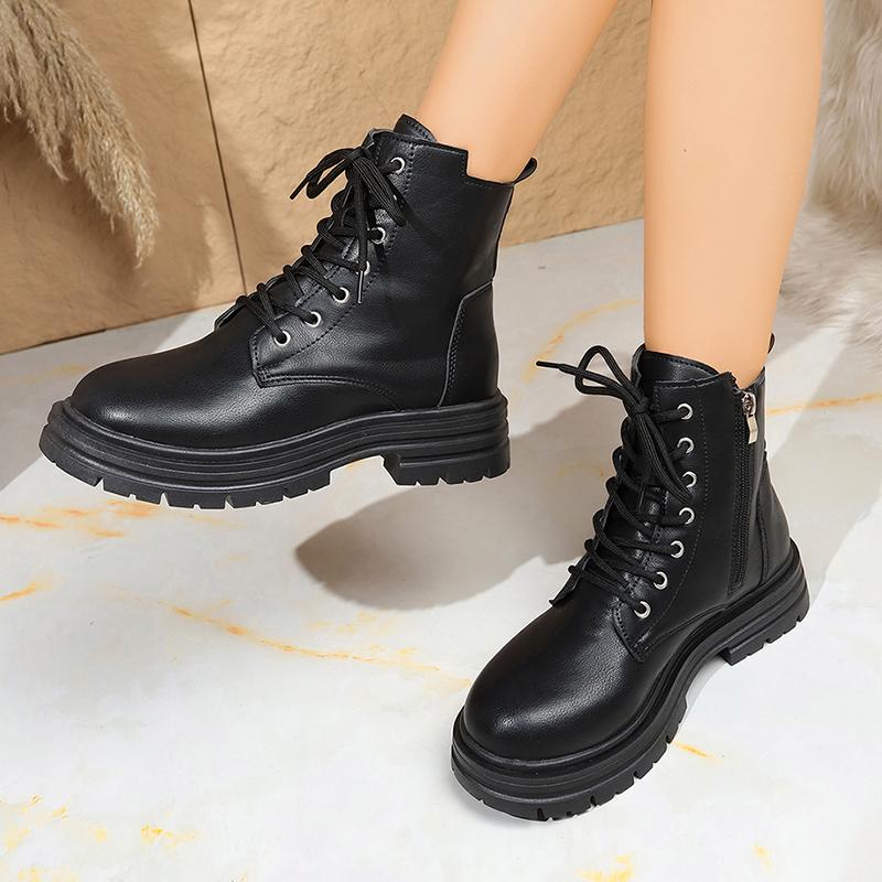 Fashion Fashion Lace Up Black Ankle Boots for Women Autumn Winter Zip Platform Combat Boots Woman Classic Pu Leather Short Booties Mujer