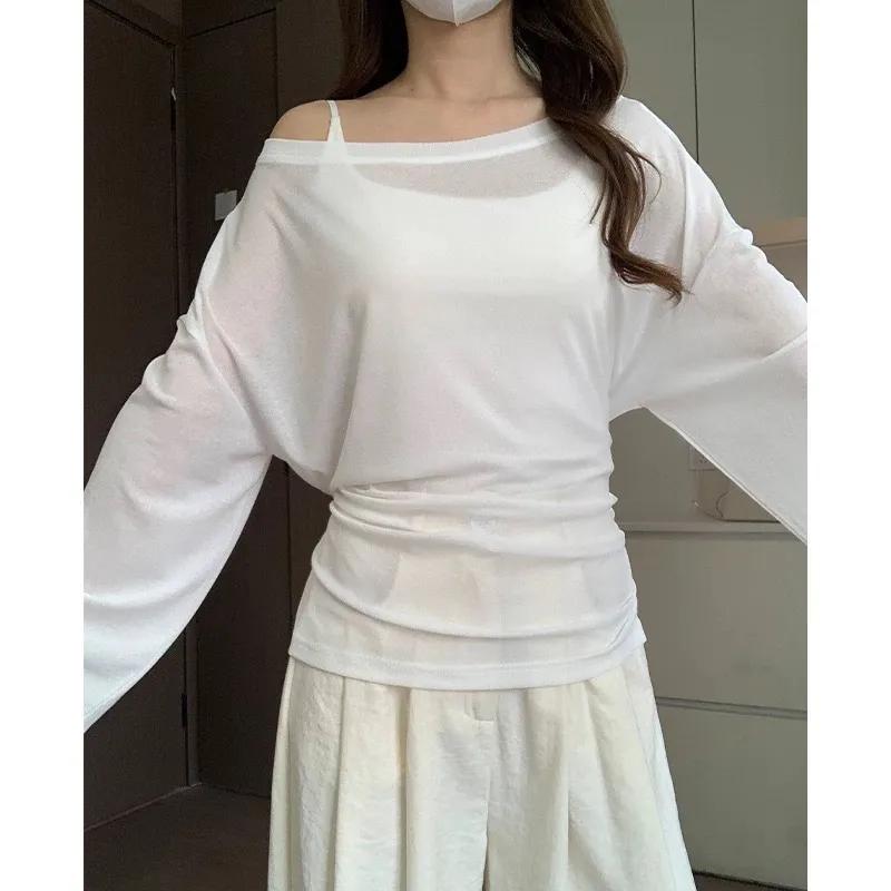 Women See Through Long Sleeve Oversize T Shirt Design Back Bandage Off Shoulder Top Female Long Tees Korean Lady