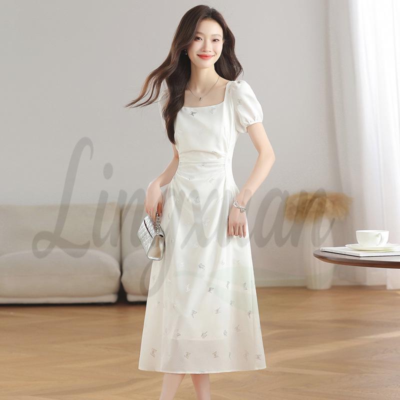 Elegant French White Summer Dress - Designer Style, Slim Fit, Long Skirt L белый