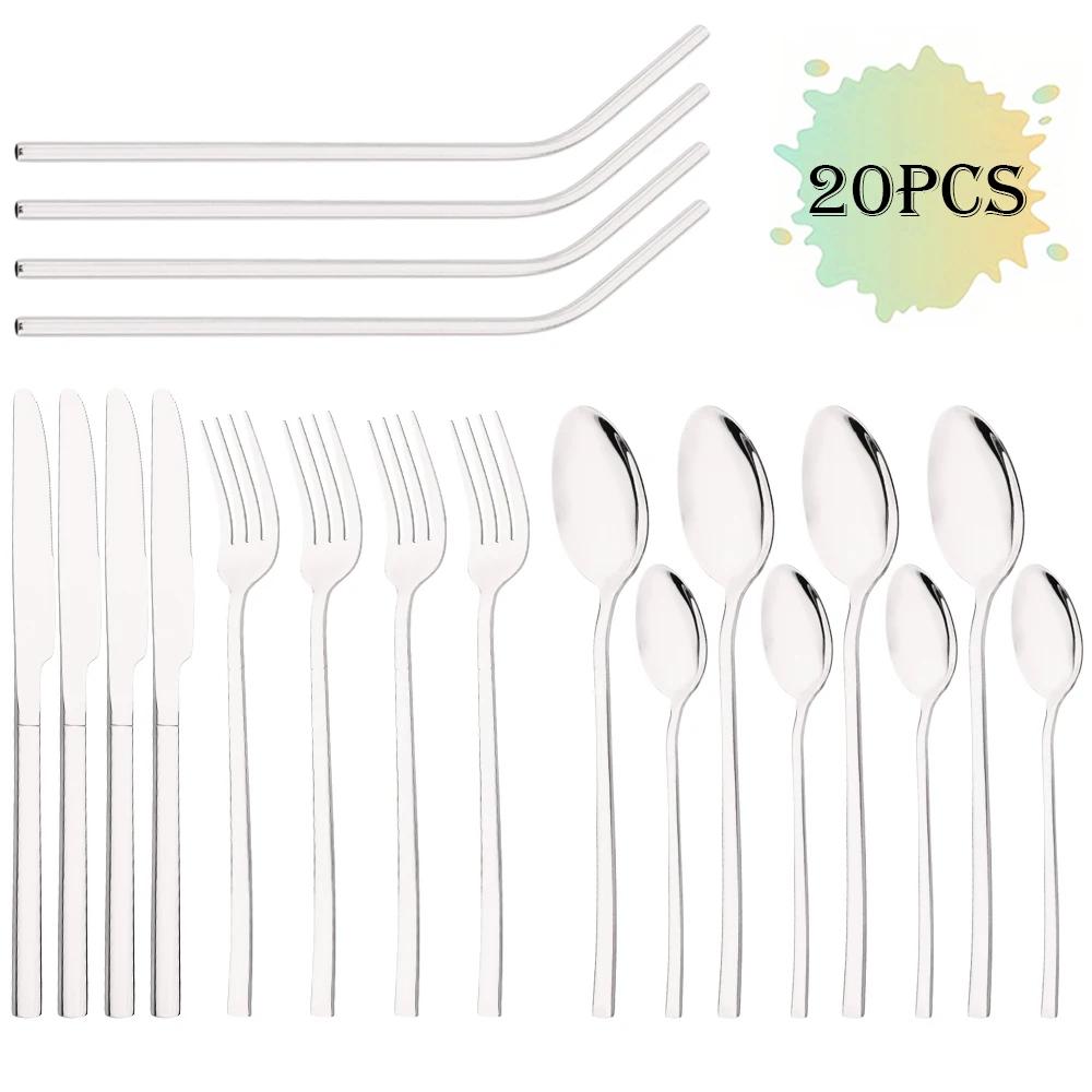 

Набор столовых приборов из розового золота, 20 шт., из нержавеющей стали, нож, вилка, ложка, соломинка, набор столовых приборов для ужина, кухонные столовые приборы, посуда серебряный