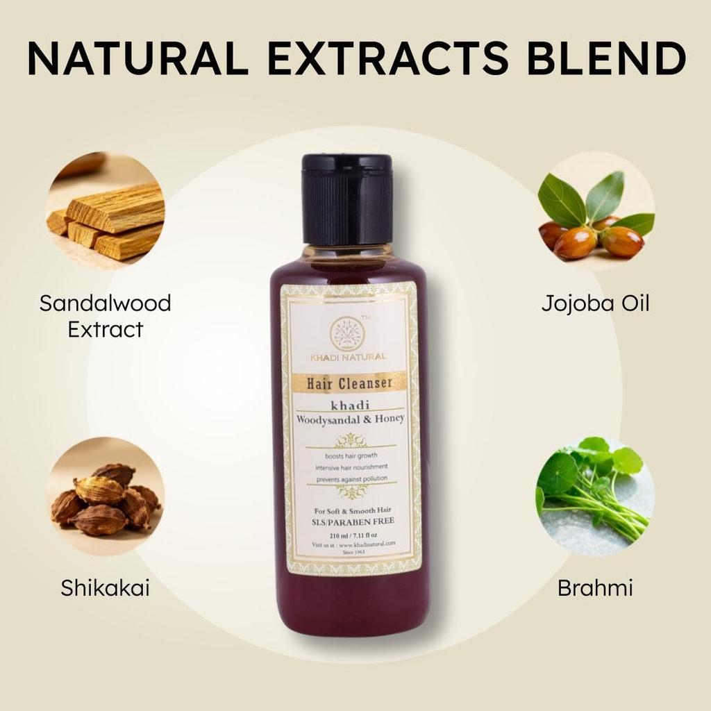 KHADI NATURAL Woody Sandal & Honey Hair Cleanser SLS Paraben Free 210ML Pack Of 1 For Smooth Hair