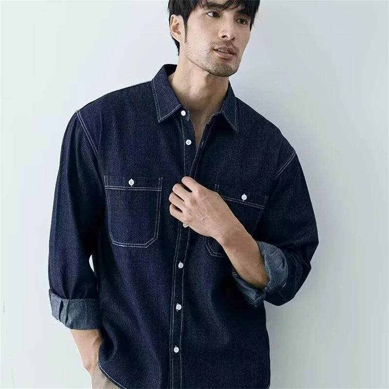 2026 Spring Autumn Men Slim Fit Denim Shirts Men Casual Solid Color Shirts Male Long Sleeve Jeans Shirt Fashion Cowboy Shirt