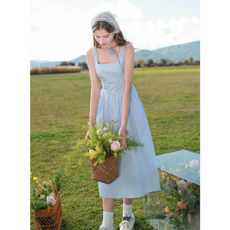 

Sancai 2025 Spring Sky Blue Square Neck A-Line Long Dress XL