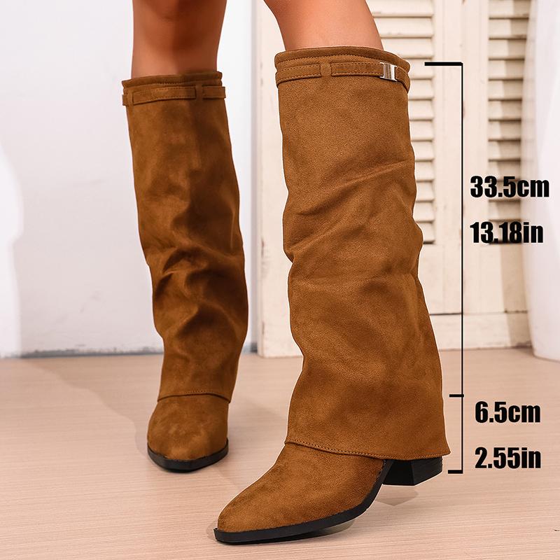 Fashion Slip On High Heeled Knee High Boots Women Autumn Winter High Tube Rider Boots Woman Pointed Toe Thick Heel Long Botas