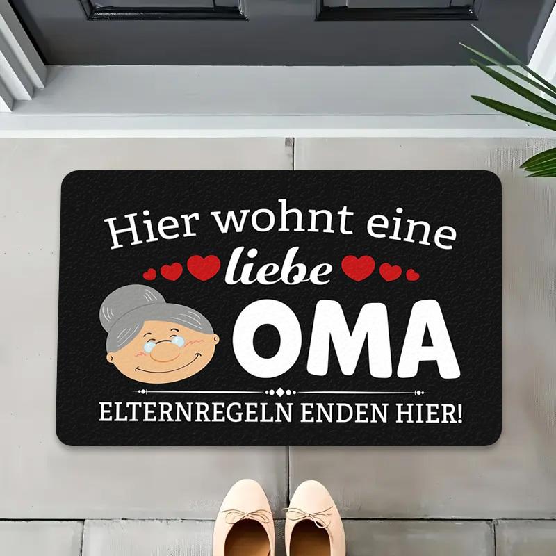 German Oma Welcome Mat - "Here Lives a Loving Grandma" Black Humorous Doormat with Hearts, Machine Washable Flannel Entrance Rug