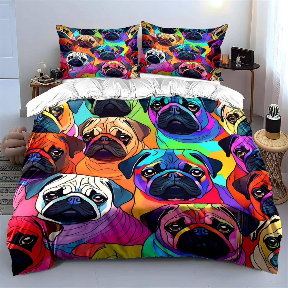 Colorful Pug Trio Set Design Exquisite Three-Piece Bedding Set Gift For Kids And Adults