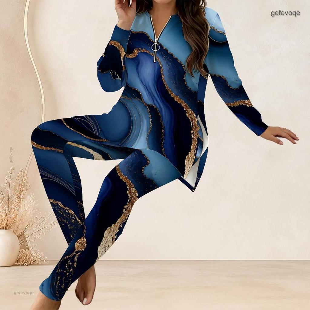 Women Plus Size Two Piece Pants Set Front Half Zip Long Sleeve Printed Longline Top Fitted Turquoise Pants