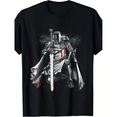 Men's Medieval Knight Pattern T-Shirt - 100% Knight Print, Short-sleeved Crew Neck Casual T-shirt, Suitable for Halloween and Christmas Gifts,