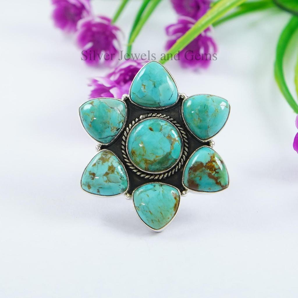 Kingman Turquoise 925 Sterling Silver Ring - Adjustable Boho Statement Ring