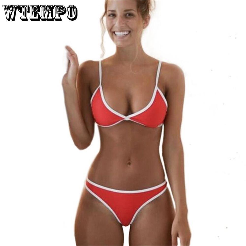 WTEMPO Sexy Summer Women Two Pieces Bikini Set Solid Padded Push Up Swimwear Swimsuit