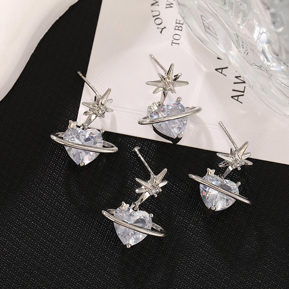 Elegant Eight-Pointed Star Zirconia Heart Stud Earrings: Luxury Geometric Dangle for Women - Japanese Korean Fashion.