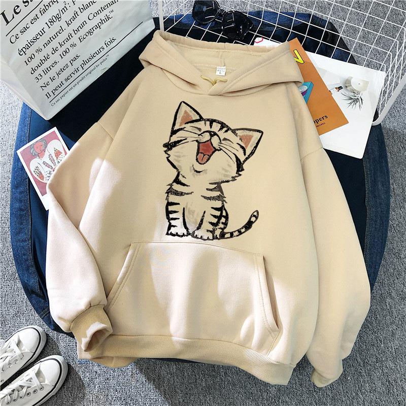 Funny Happy Cat Print Casual Pocket Hoodies Autunm Winter Women's Hooded Clothes Kawaii Graphic Sweatshirts 90s Y2k Streetwear