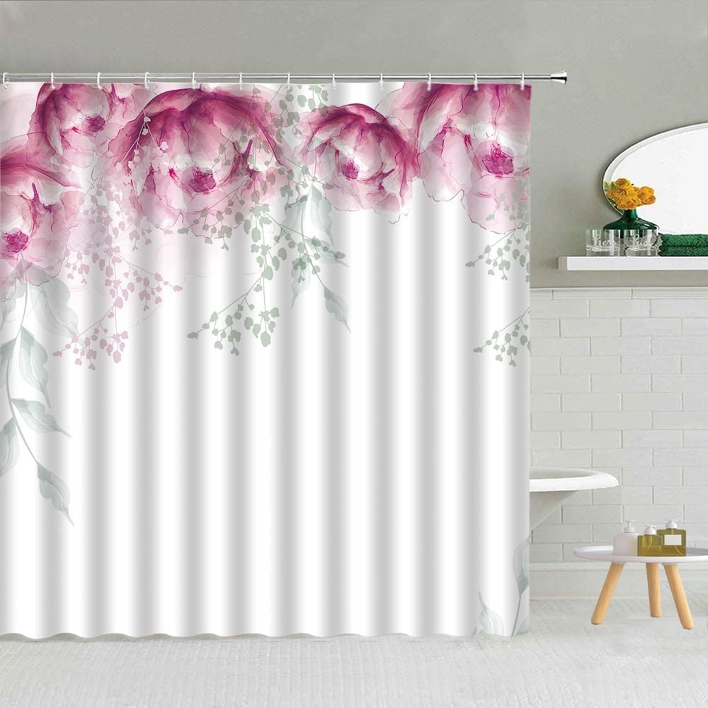 Floral Shower Curtain, Spring Nature Theme Cherry Blossom Bathroom Decor Polyester Fabric Waterproof Bath Curtain with Hooks