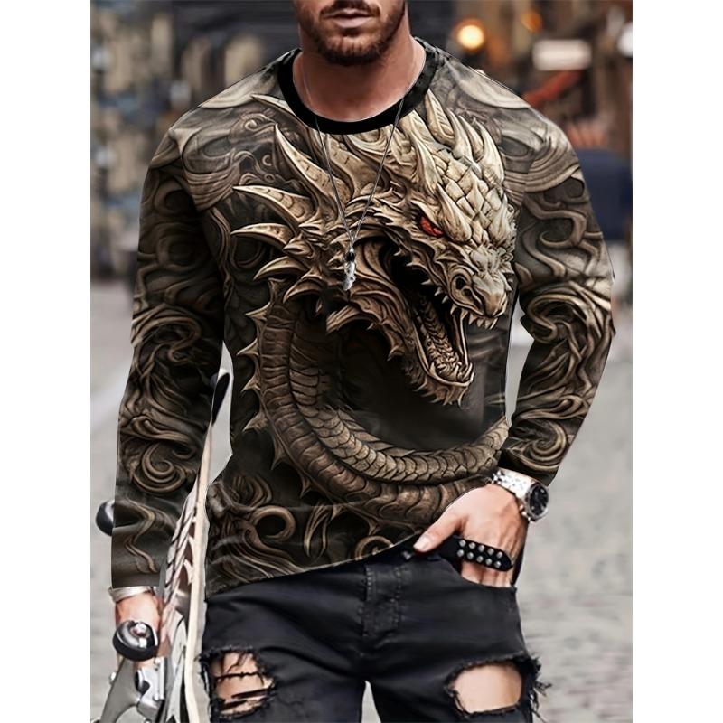 Oriental Dragon Printed Men's Long Sleeve T-shirt Autumn Daily Street Men's Fashion Long Sleeve T-shirt Casual Long Sleeve Top