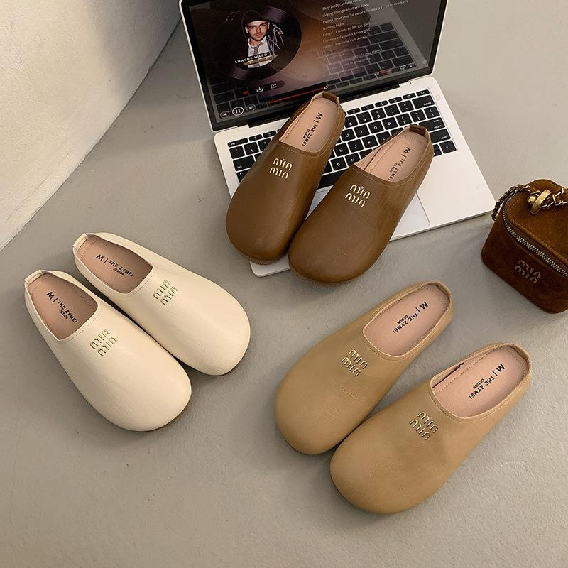 

Small thick-soled bag head drag women s shoes lazy autumn and winter one-pedal shoes casual shoes half drag 35 бежевый