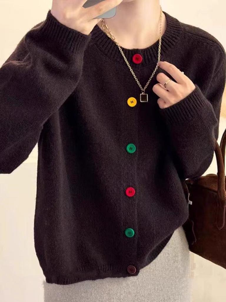 Retro color button knitted cardigan top women's early spring new fashion soft waxy loose sweater jacket tide