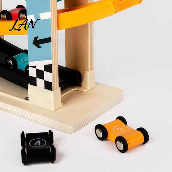 STEM Activity for Kids Wooden Ramp Racer Car Toy, 4 Numbered Mini Cars And Parking Lot Sturdy Design, Development Hand-eye Coordination Glider