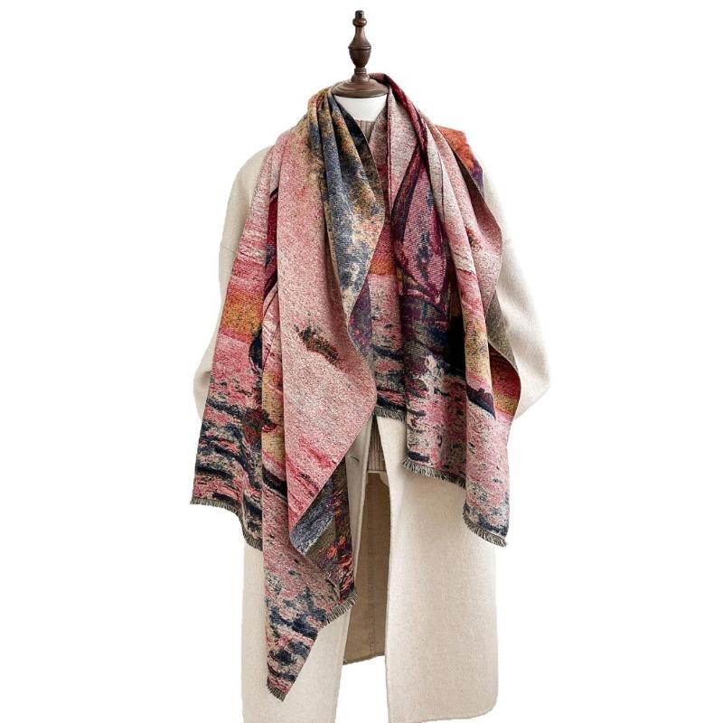 Autumn and winter warm thickened four shuttle imitation cashmere scarf winter shawl scarf women's oil painting sailing shawl