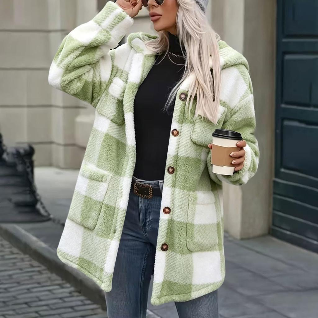 Women's Plaid Fuzzy Coat with Buttons for Winter Everyday Wear