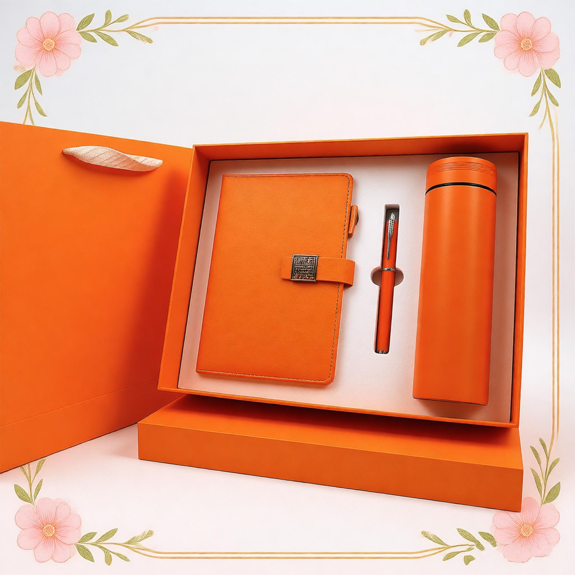 A5 Size PU Window Flower Pattern Business Notebook Gift Box Set with Thermos Cup and Pen for Women s Day (Orange,None&A5 gift box gift bag set)