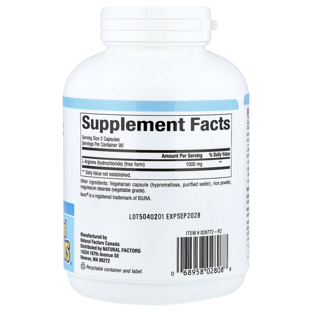 Natural Factors L-Arginine 500mg Veggie Capsules 180 Count