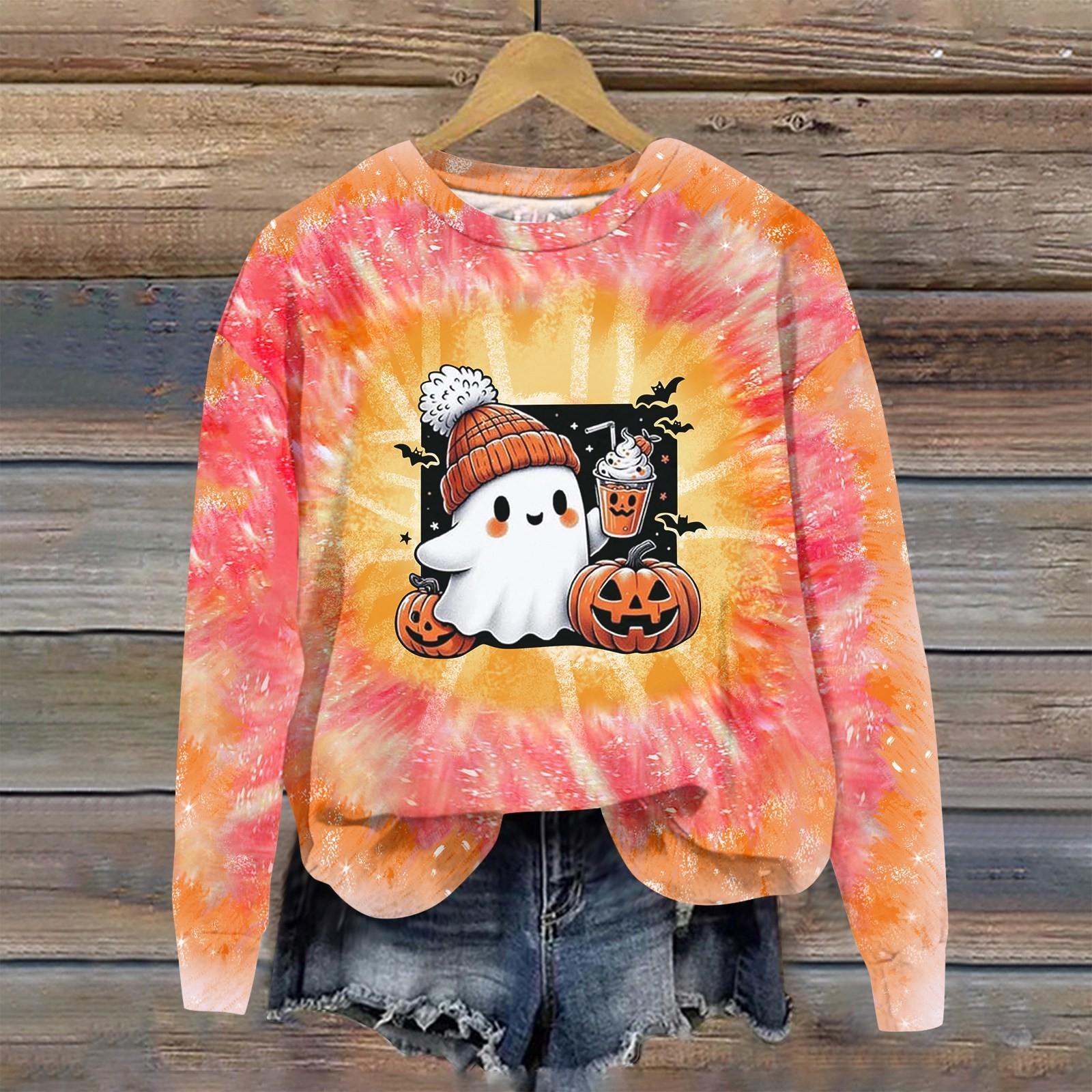 

Женская мода Хэллоуин с длинным рукавом с принтом Свободная толстовка с круглым вырезом Топ S оранжевый