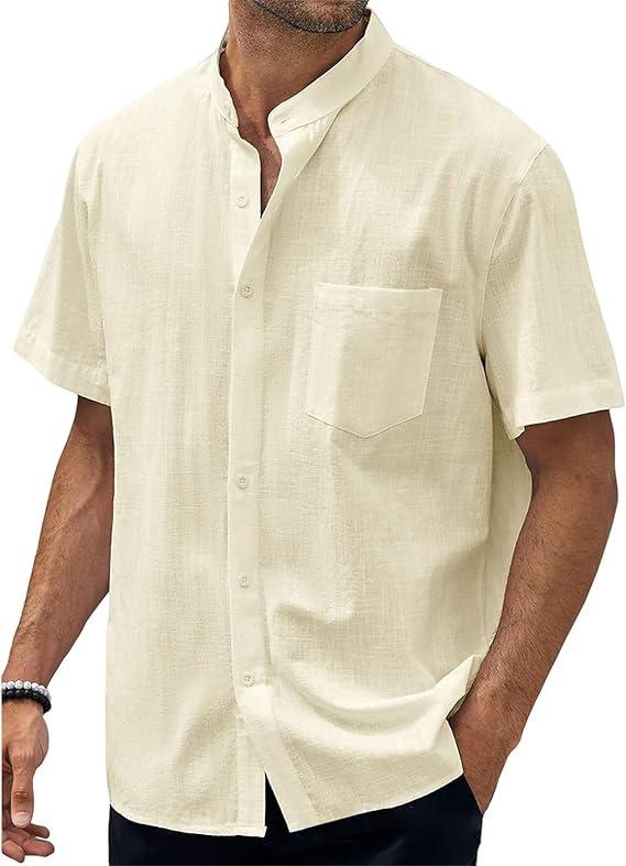 

Summer Men s Shirt Solid Color Commuter Short Sleeve Top Left Sticker Pocket Daily Casual Henry Neck Cardigan Combination Shirt XXXL абрикосовий