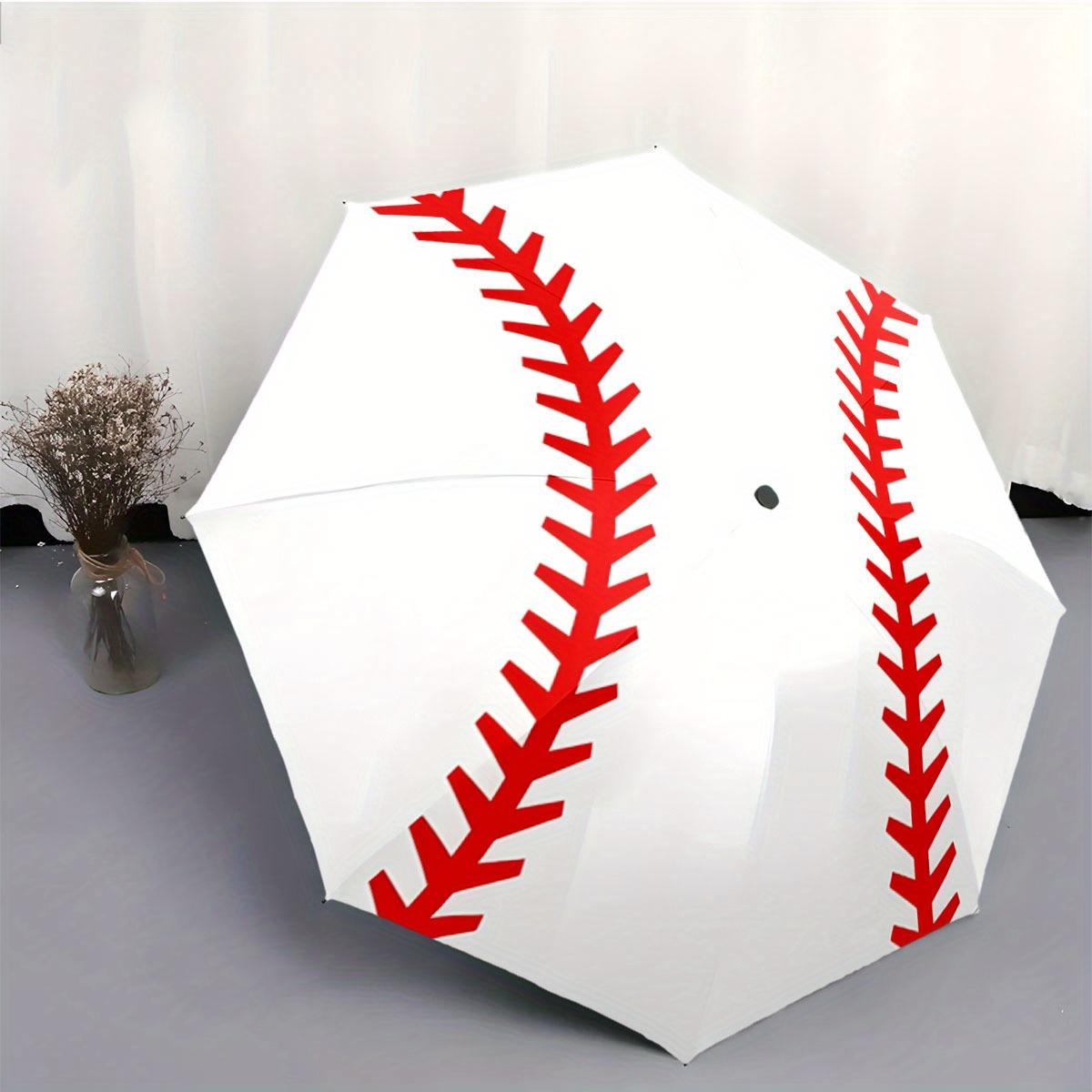 Automatic Folding Umbrella with Baseball Stitching Pattern - Portable Collapsible Design, 8-Rib Durable Frame, White with Red (as the picture,iron&8K)