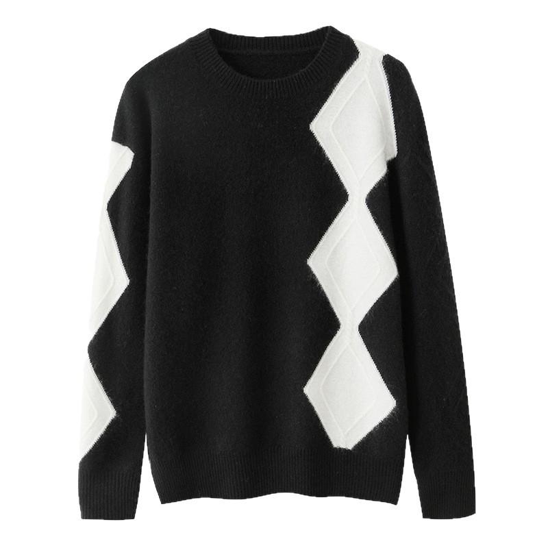 Women's Loose Fit Cashmere Diamond Plaid Knit Sweater - Autumn/Winter Round Neck Color Block Outerwear