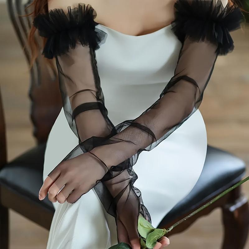 

Elegant Long Pearl Bridal Fingerless Gloves Wedding Stacked Yarn Decorative Mesh Arm Sleeves Dress Accessories