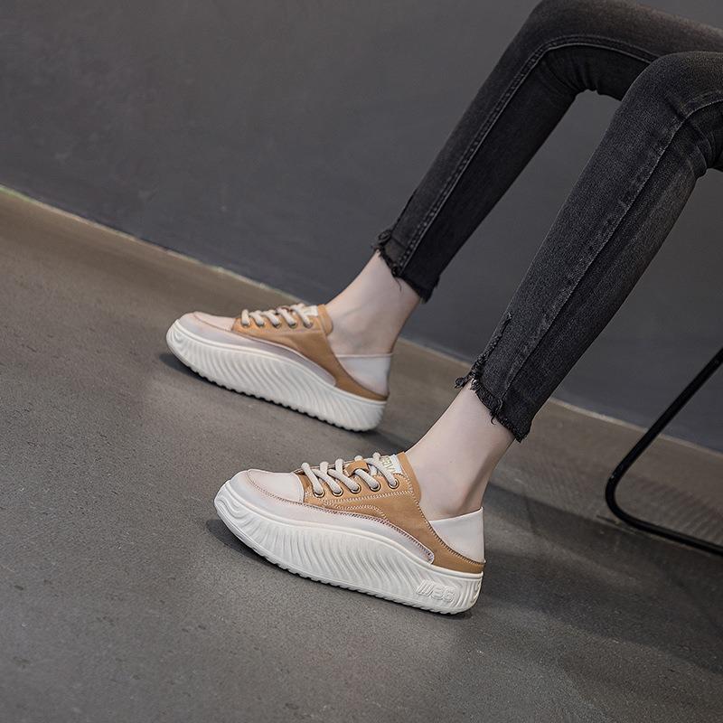Spring and Autumn New Lightweight Retro Muffin Platform Single Shoes Leather Can Be Stepped On Lace-up Comfortable Women's Shoes Casual Board Shoes
