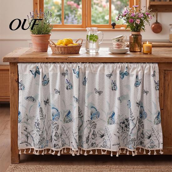 Watercolor Botanical Curtains Wildflowers Blossom Oven Skirt, Floral Valance Curtain with Colorful Tassels, Rod Pocket, Farmhouse Cabinet Stove Skirt