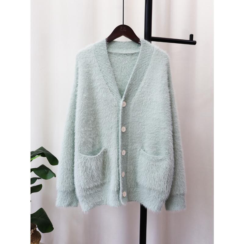 

Вязаный кардиган из искусственного норкового бархата, женский, свободный, с V-образным вырезом, универсальный, однотонный, осенне-зимний, новый, куртка-свитер, толстый average size светло-синий