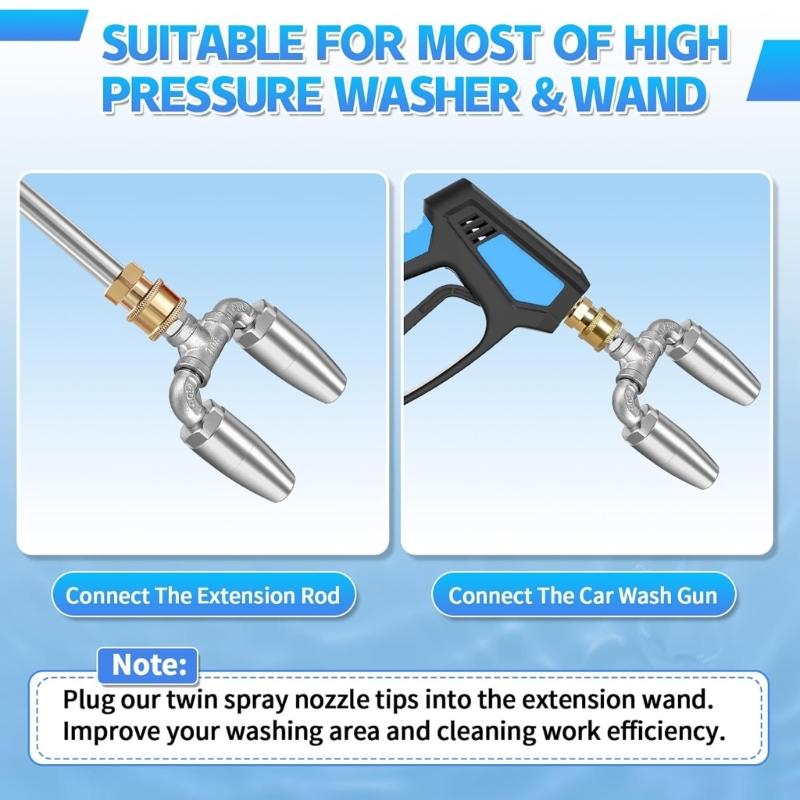 Stainless Steel High Pressure Washer Replacement Nozzle Tip Garden Cleaning Tool Rotating Double Nozzle Tip 1/4inch