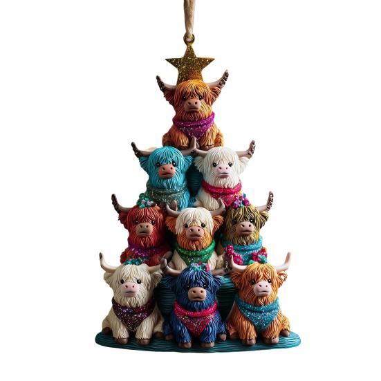 Vánoční ozdoba Highlandská kráva 2D Akrylové vánoční ozdoby do auta Slavnostně tématická závěsná dekorace na zpětné zrcátko, na stromek a pro sváteční domácí expozici