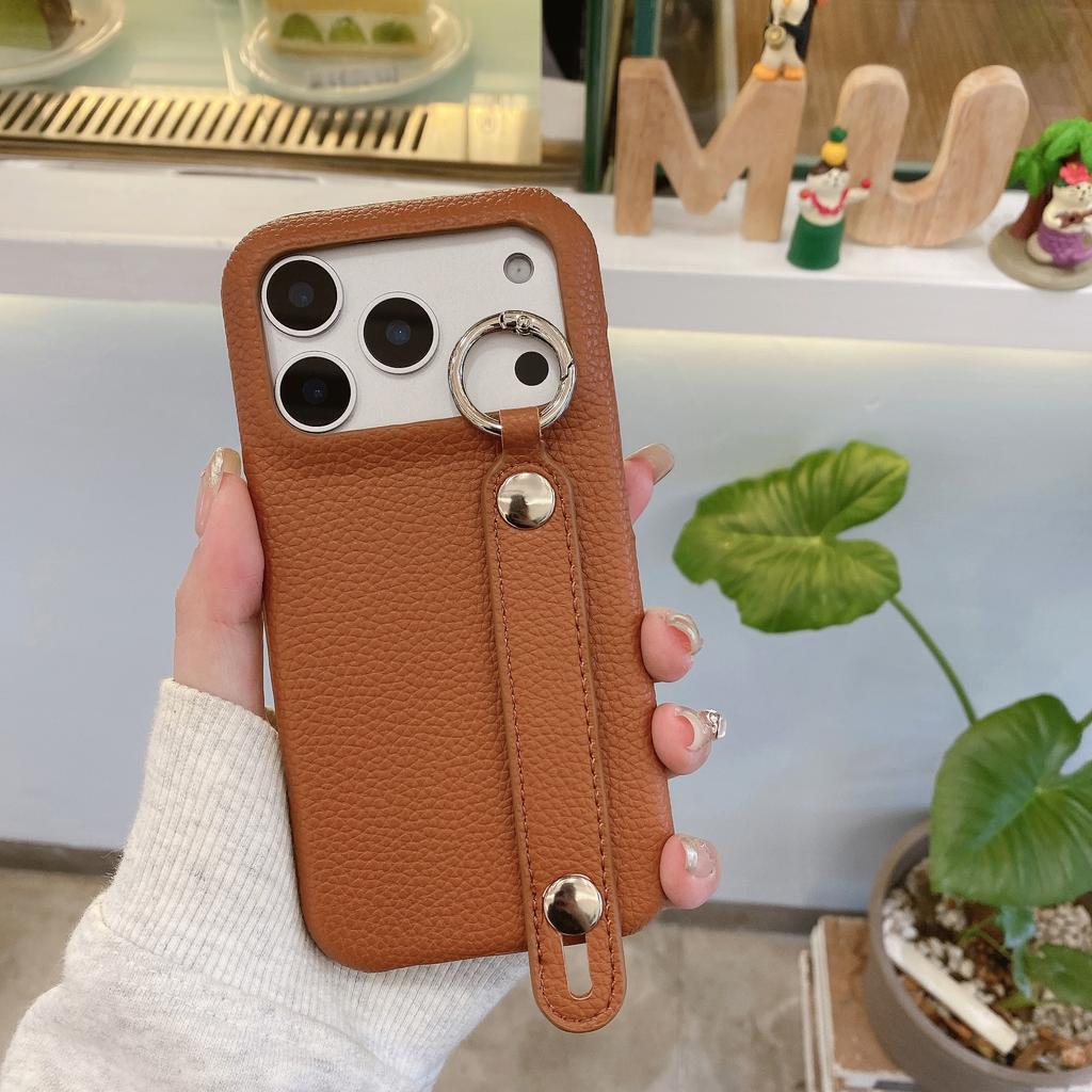 Lychee Ring Holder Stylish Wristband PU Leather Phone case For iPhone 17 Pro Max 16 Plus 15 14 13 12 kickstand Shockproof Cover